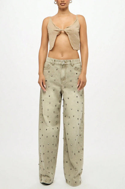 Edgy Retro Metal Bead Full-Diamond Low-Rise Straight Jeans