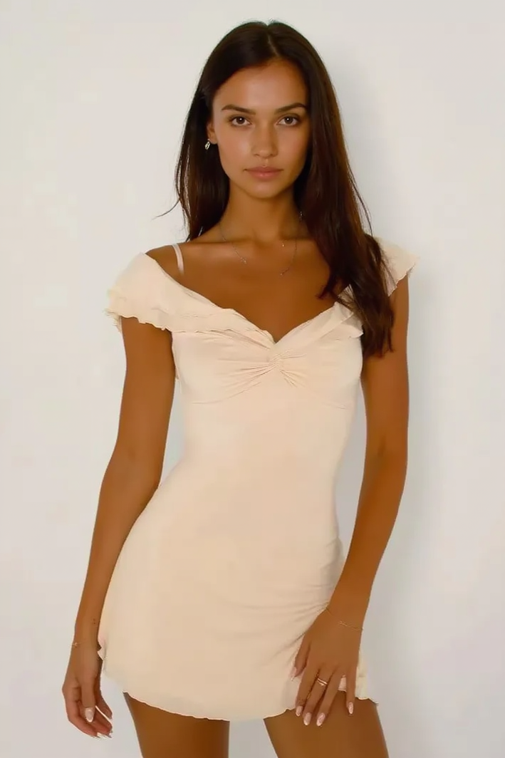 Sweetheart Twist Knot Off Shoulder Ruffle Sleeve Lettuce Hem Mini Dress