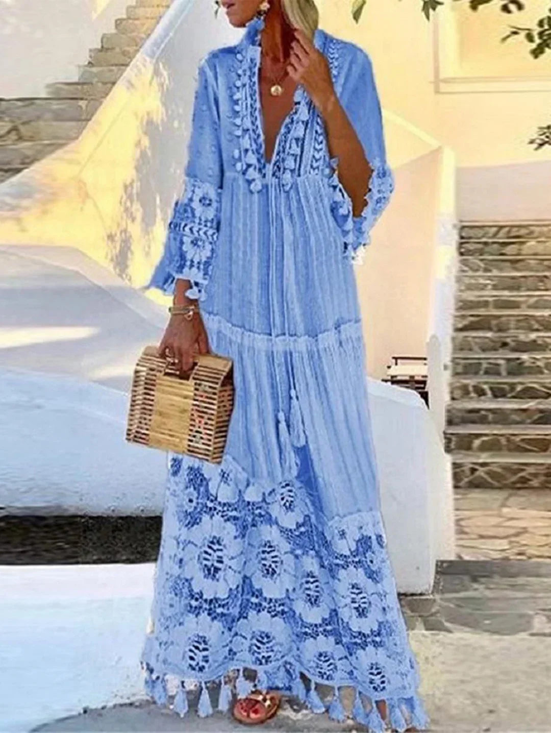 V Neck Tassel Tie Bell Lace Cuff Fringe Hem Maxi Dress