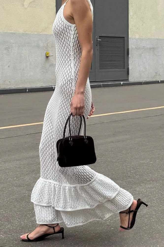 V Neck Ruffle Backless Maxi Dress
