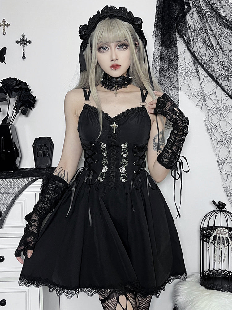 Gothic Black V Neck Lace Up Y2K Grunge Punk High Waist Lace Trim Party Dress