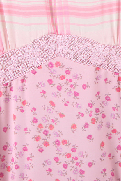 Patchwork Floral Long Sleeve Lace Trim Tiered Ruffle Mini Dress
