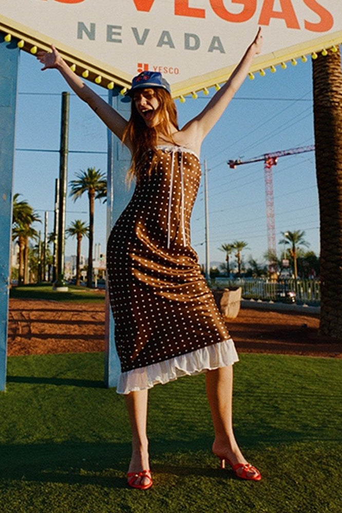 Brown Satin Polka Dot Strapless Backless Maxi Dress