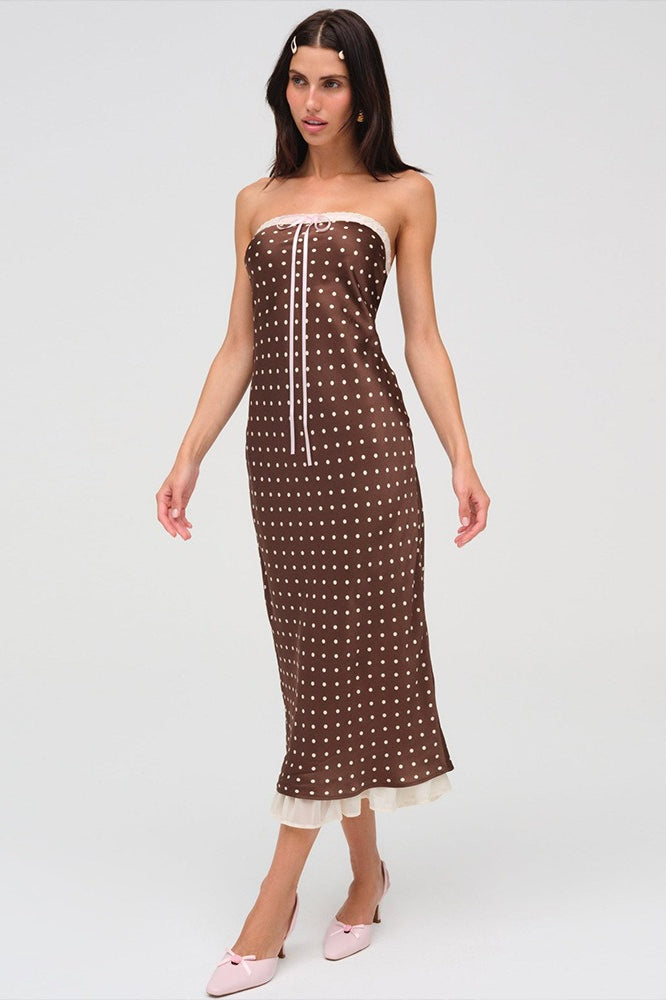 Brown Satin Polka Dot Strapless Backless Maxi Dress