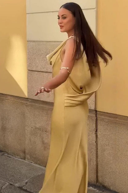 Draped Neck Backless Waist Cinch Elegant Formal Dress