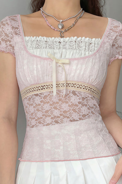 Square Neck Lace Spliced Tie Slim Blouse