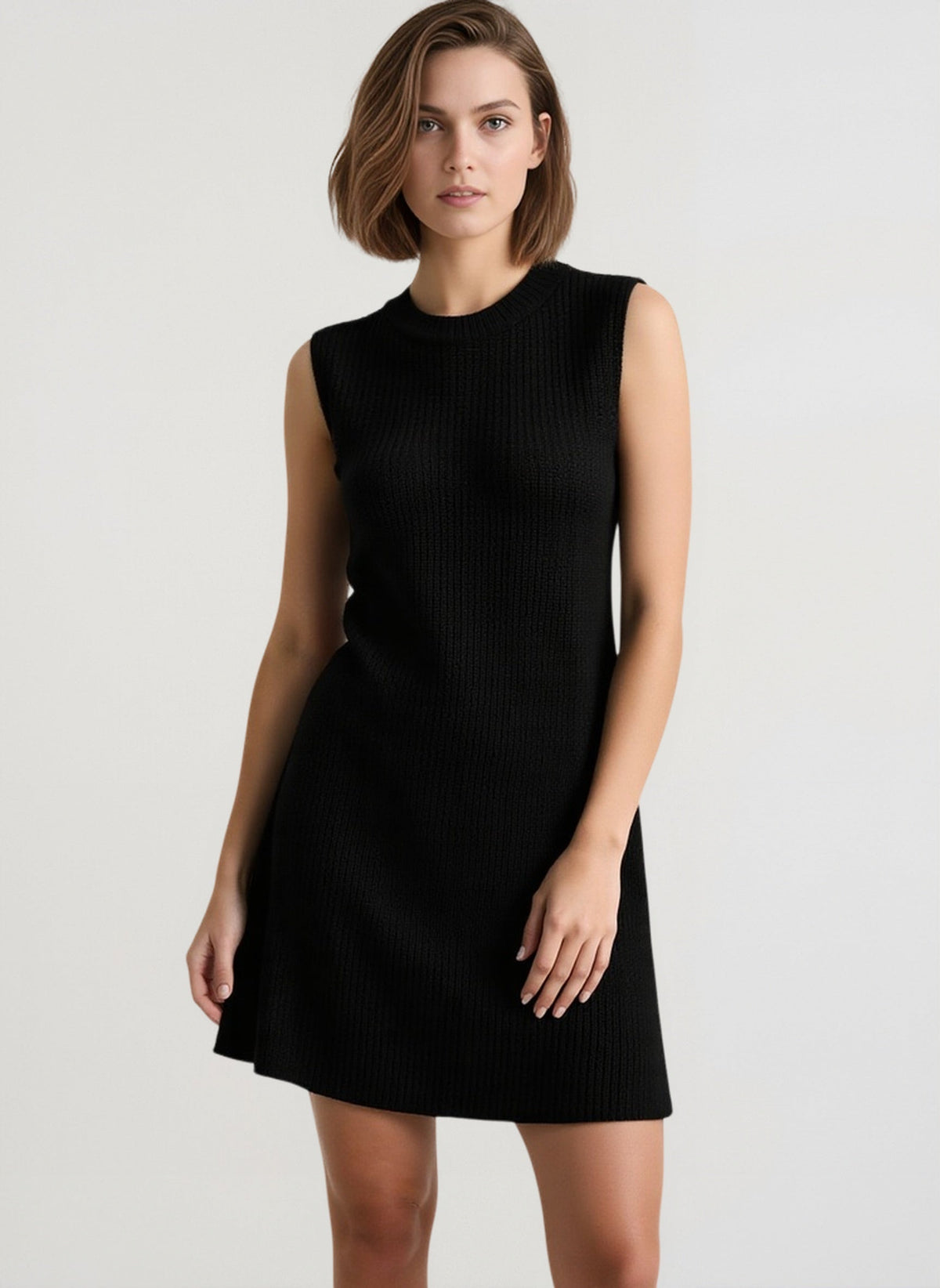 Ribbed Crew Neck Side Slit Knit Shift Mini Dress