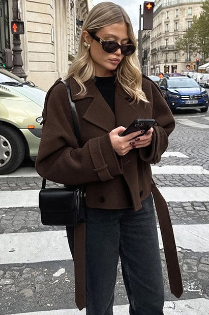 Notch Collar Double-Breasted Wool Blend Chic Trench Coat