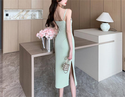 Asymmetric Pearl Strap Ruched Side Slit Bodycon Midi Dress