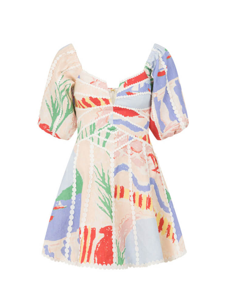 Off Shoulder Puff Sleeve Lace Trim Coastal Print Mini Dress