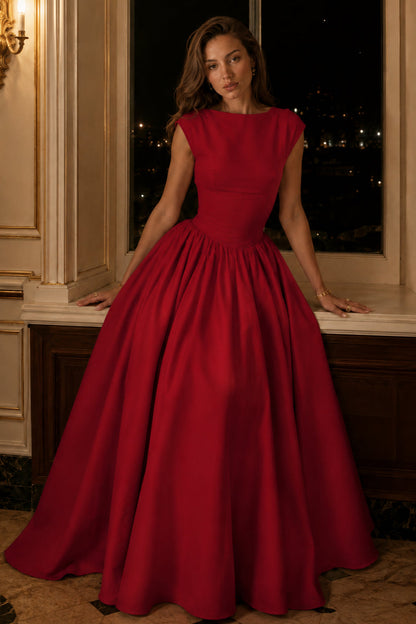 Boat Neck Cap Sleeve Basque Waist Pleated Midi Dress