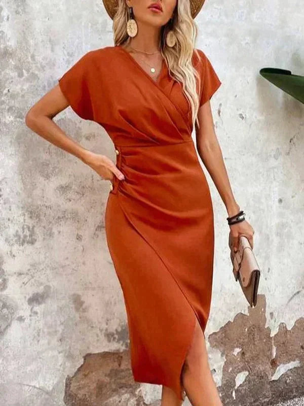Wrap V Neck Short Sleeve Side Ruched Tulip Slit Midi Dress