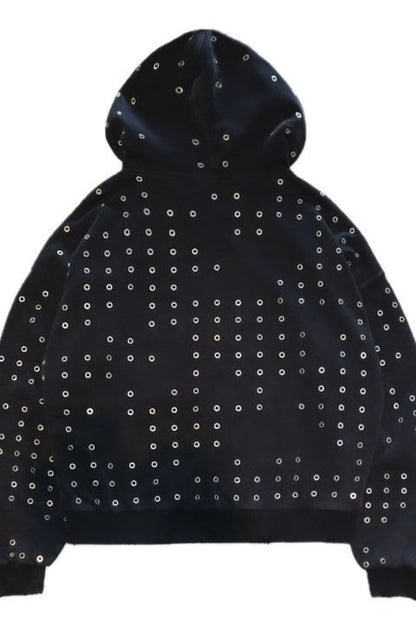 Eyelet Rhinestone Zip-Up Hoodie