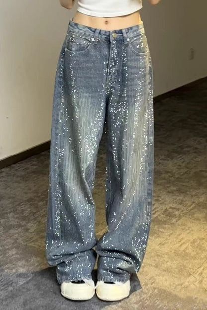 Sparkly All Rhinestone Washed Loose Wide Leg Jeans