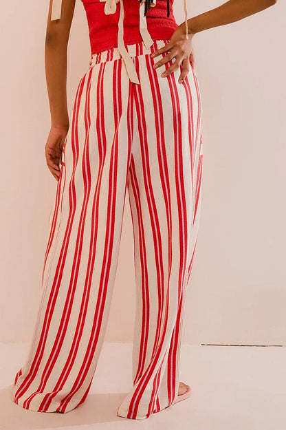 Beach Style Striped Drawstring Wide Leg Pants