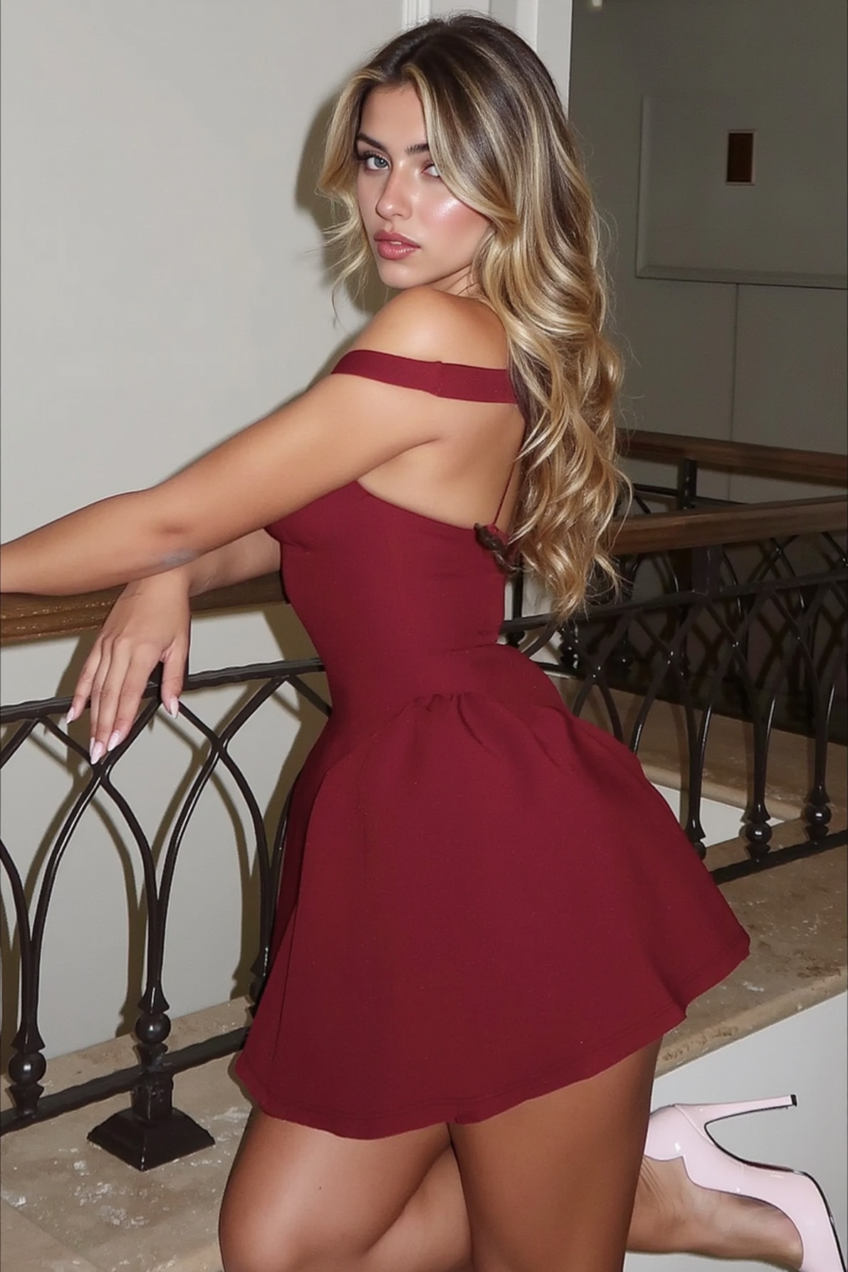 Off Shoulder Plunging Sweetheart Flared Mini Dress