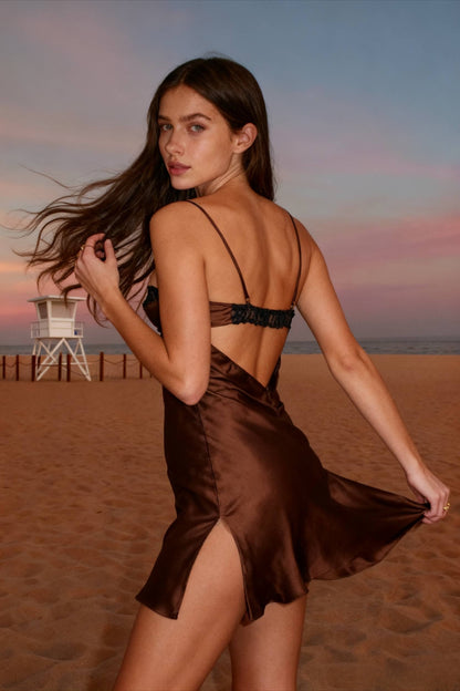 Backless Lace Paneled Trendy Satin Mini Dress