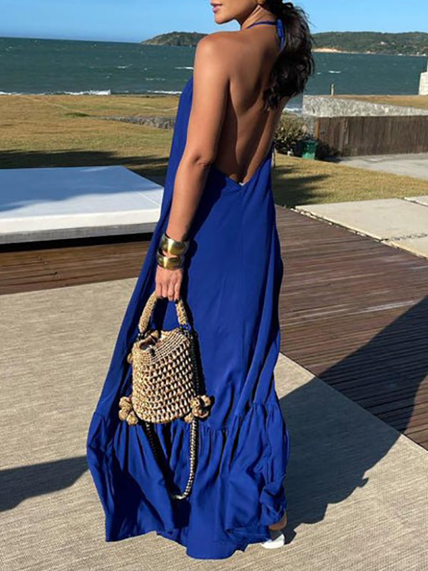Halter Neck Pleated Ruffled Tier Maxi Dress