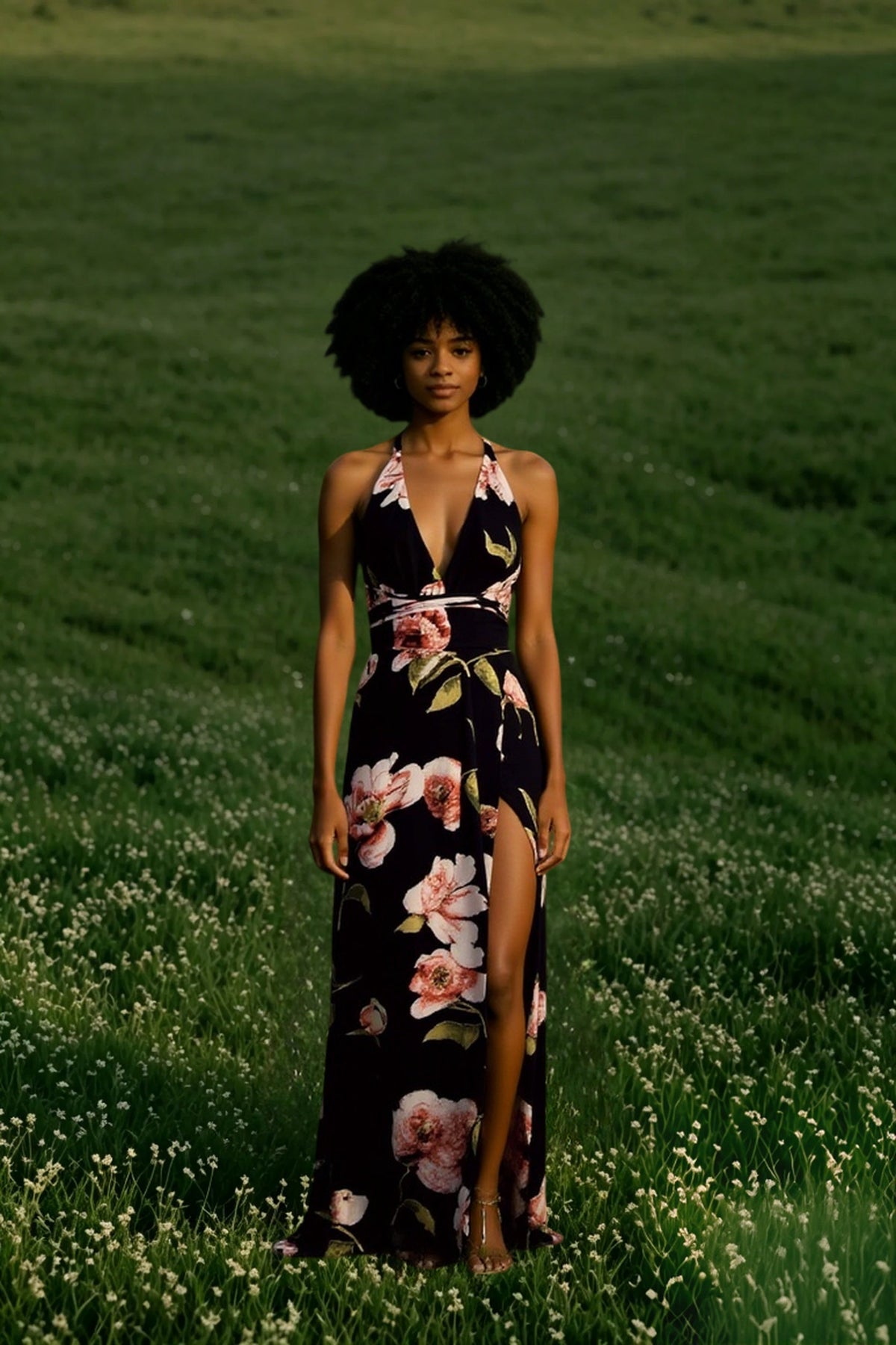 Halter Plunge V Neck Wrap Tie Waist Floral Print Maxi Dress