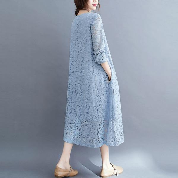 Round Neck Three Quarter Sleeve Floral Lace Overlay Shift Midi Dress