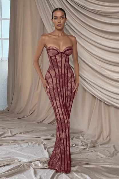 Strapless Sweetheart Corset Boned Floral Lace Piping Column Maxi Dress