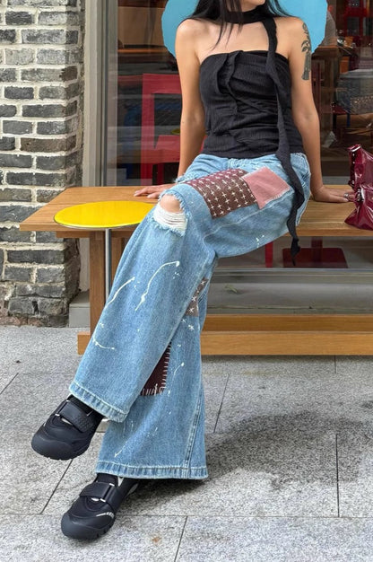 Vintage Washed Paint Splatter Patchwork Ripped Jeans