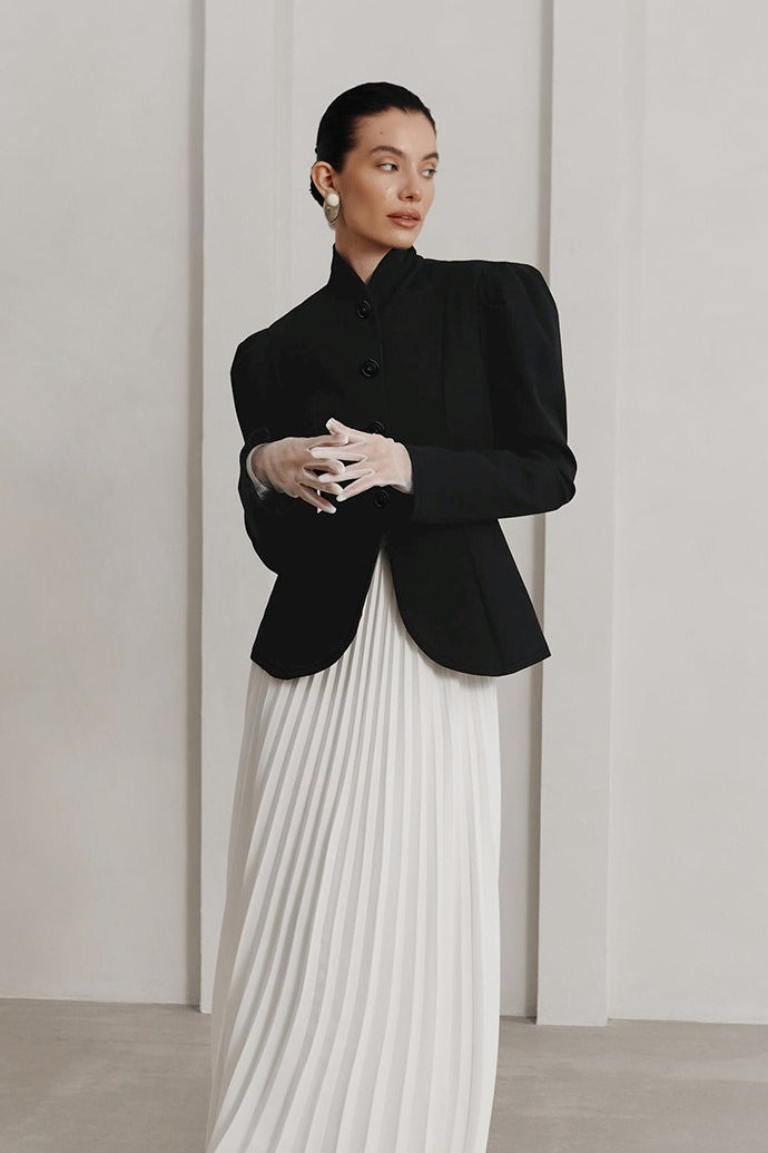 Black Mandarin Collar Puff Sleeve Blazer
