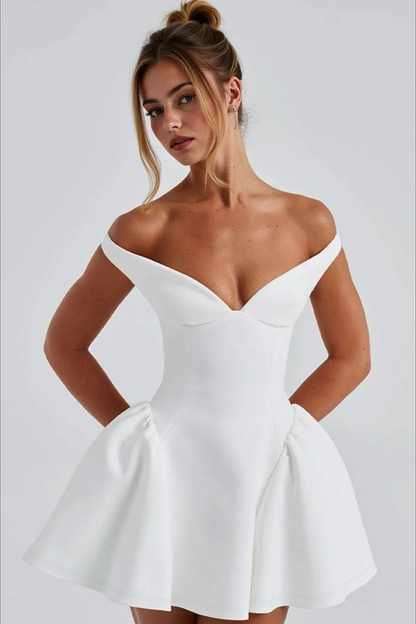 Off Shoulder Plunging Sweetheart Flared Mini Dress
