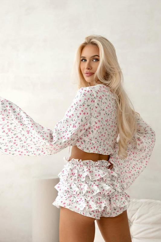 Floral Tie Front Cropped Long Sleeve Ruffled Top Cake Shorts Two Piece Set
