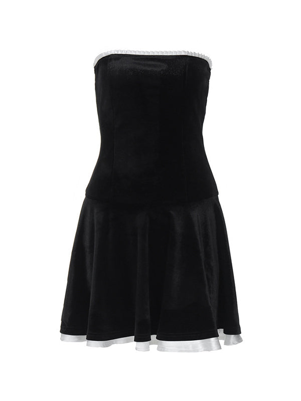 Strapless Pearl Trim Velvet Pleated Skater Mini Dress