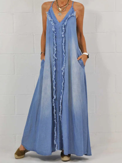 Deep V Neck Spaghetti Strap Frayed Trim Side Pocket Maxi Dress