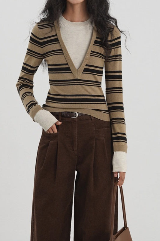 Striped Contrast Panel Deep V-Neck Knit Top