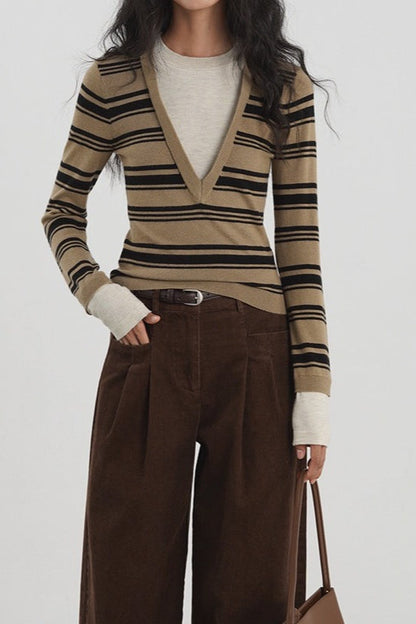 Striped Contrast Panel Deep V-Neck Knit Top