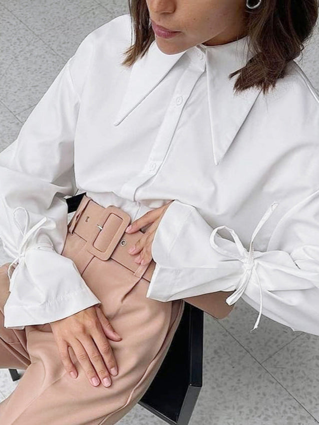 Bow Tie Long Sleeve White Blouse