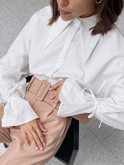 Bow Tie Long Sleeve White Blouse
