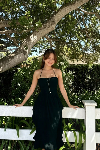 Halter Smocked Bodice Tiered Ruffle Midi Dress