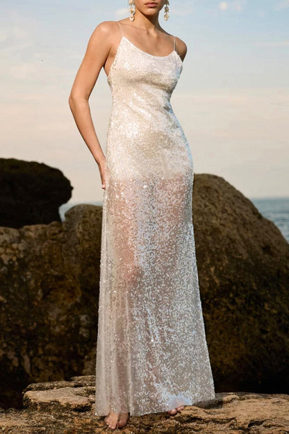Solid Patchwork Sheer Backless Cami Sequin Maxi Dress