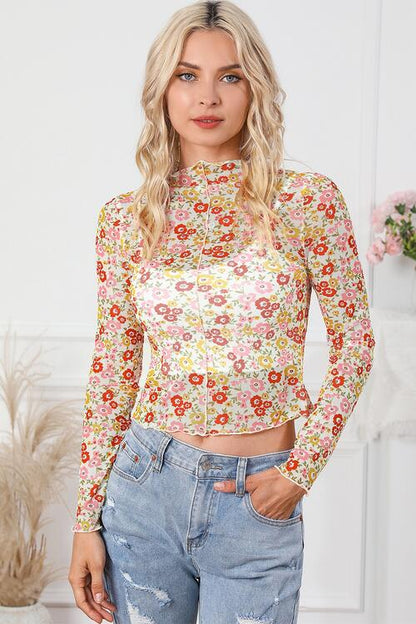 Long Arm Blouse Mock Flowered with Neck