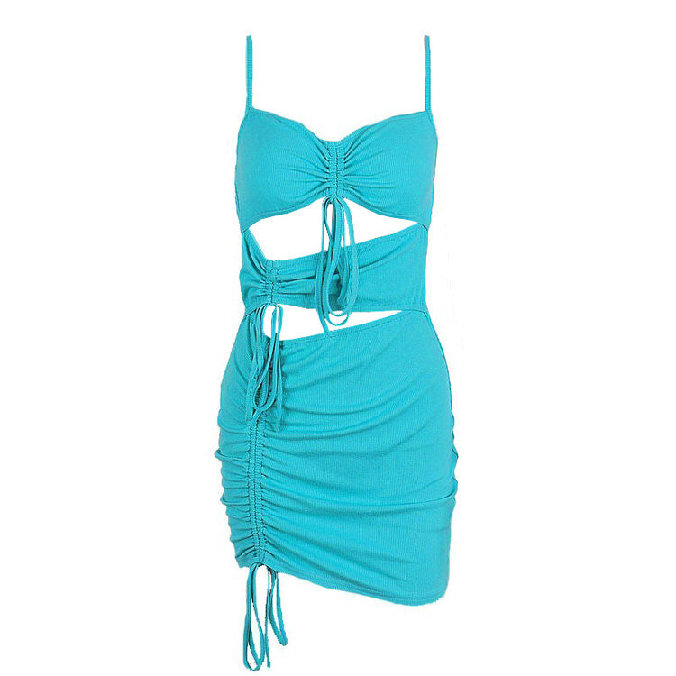 Spaghetti Strap Rib Knit Cutout Drawstring Ruched Mini Dress