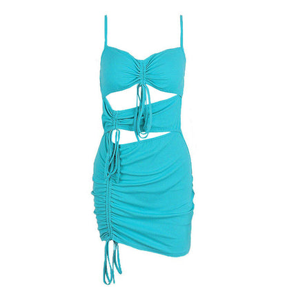 Spaghetti Strap Rib Knit Cutout Drawstring Ruched Mini Dress