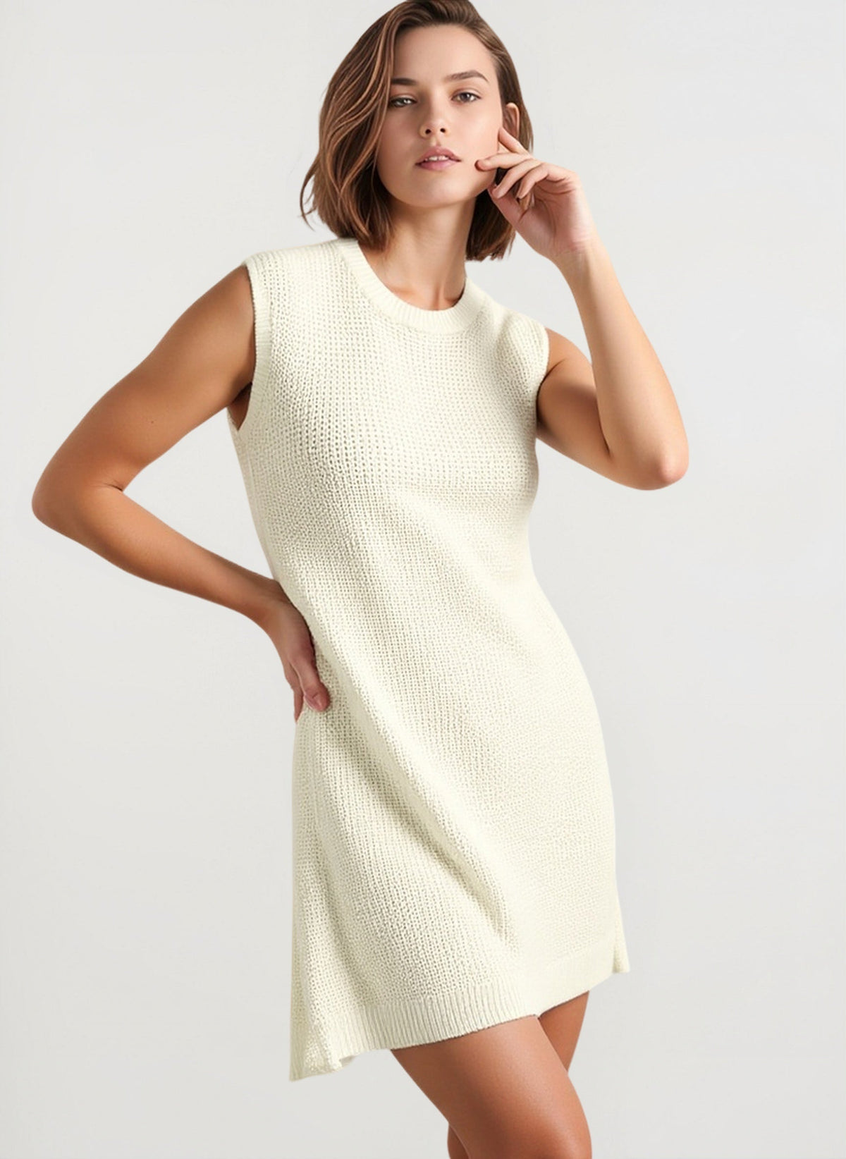 Ribbed Crew Neck Side Slit Knit Shift Mini Dress