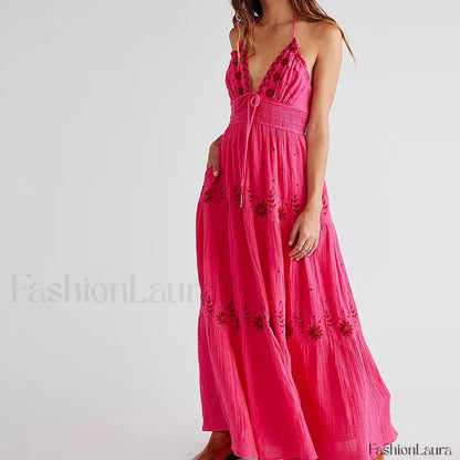 Backless Halter Embroidery Dress