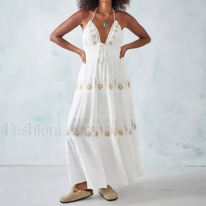 Backless Halter Embroidery Dress