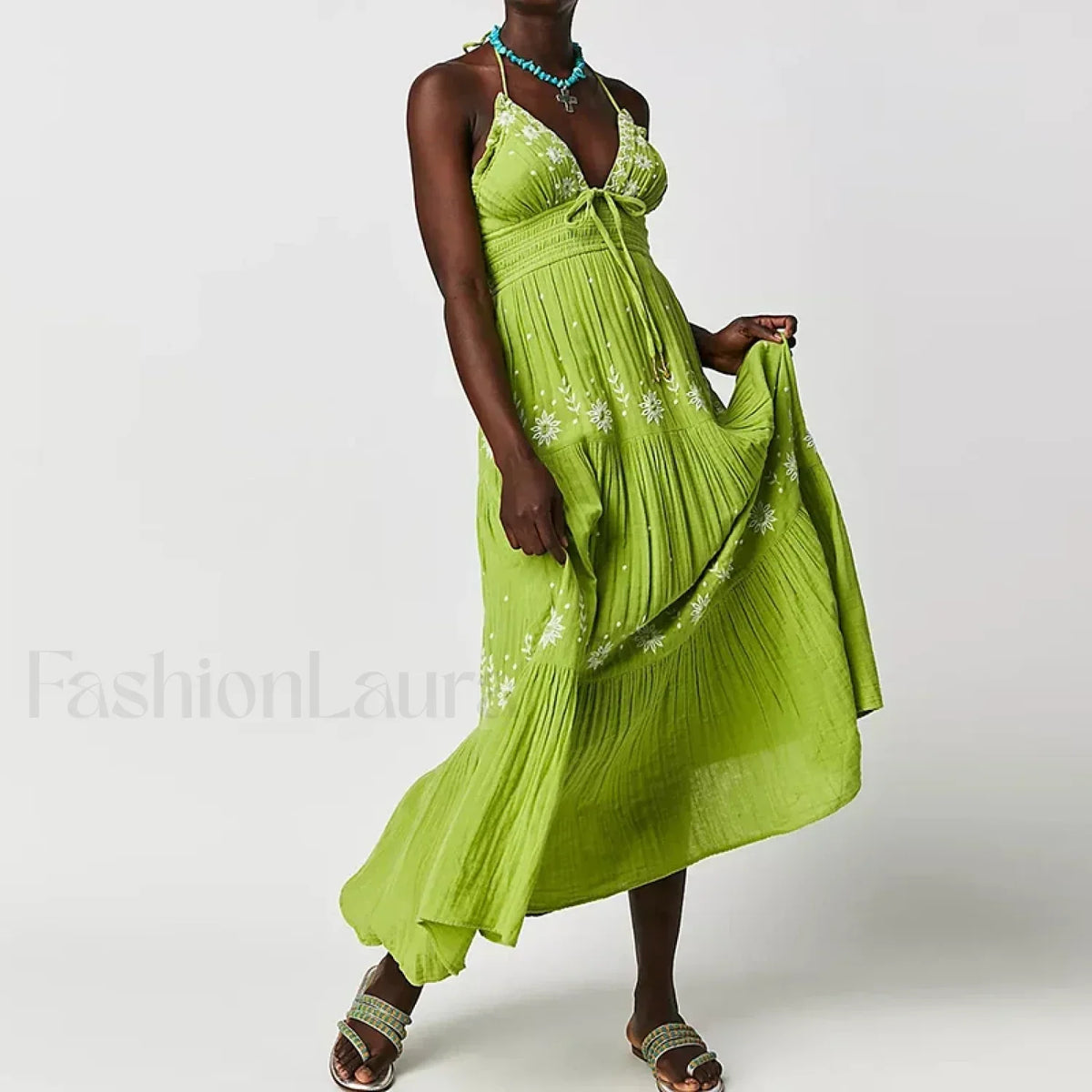 Backless Halter Embroidery Dress