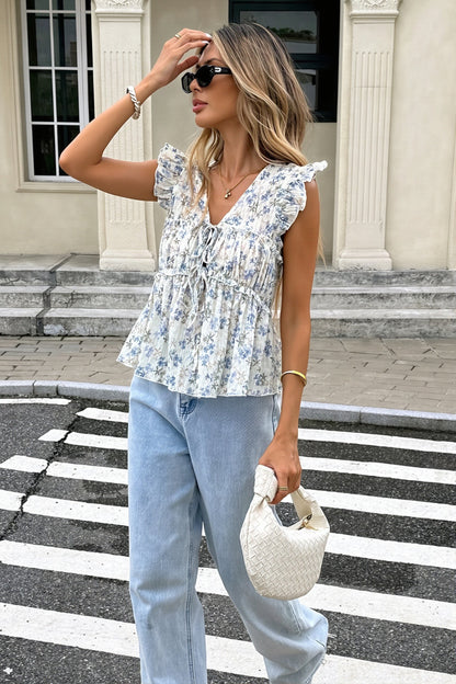 Floral Tie Front Ruffle Peplum Blouse