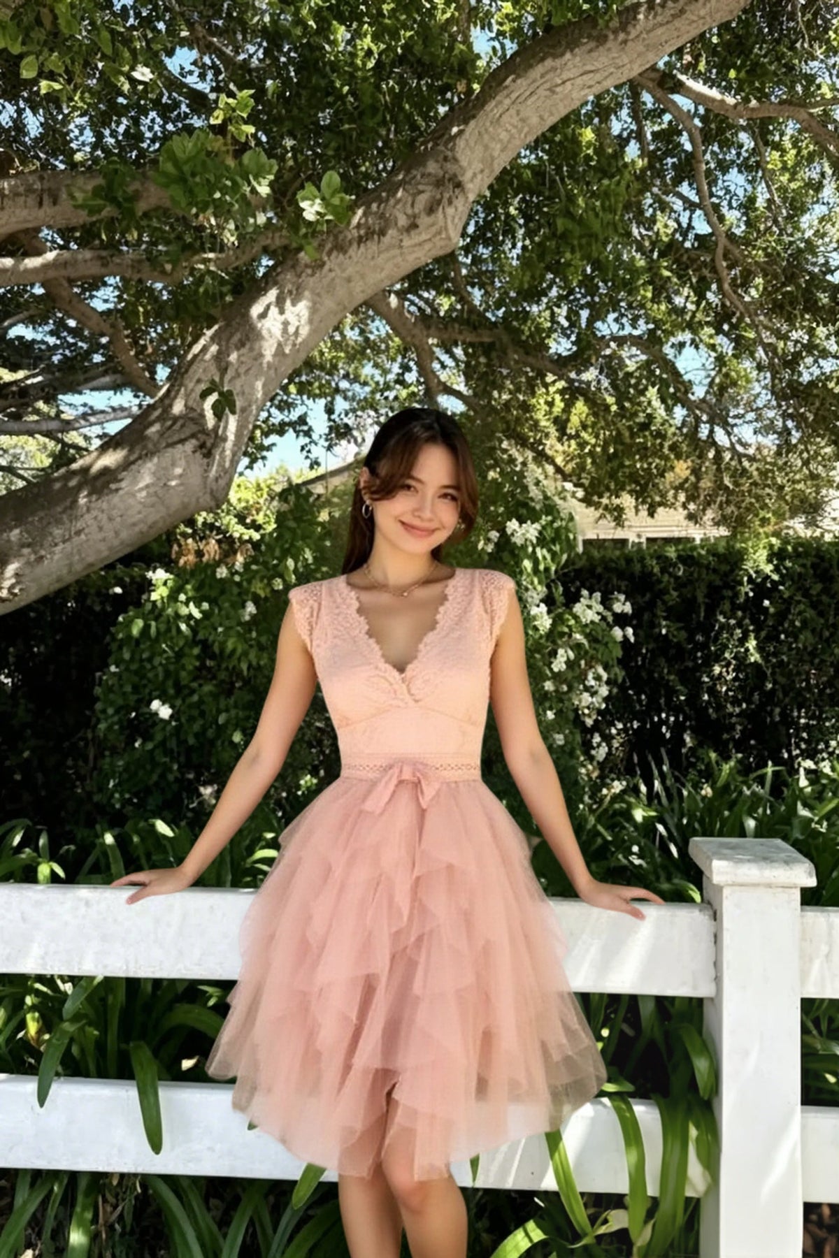 Lace Scalloped Cap Sleeve Bow Waist Tiered Tulle Handkerchief Hem Mini Dress