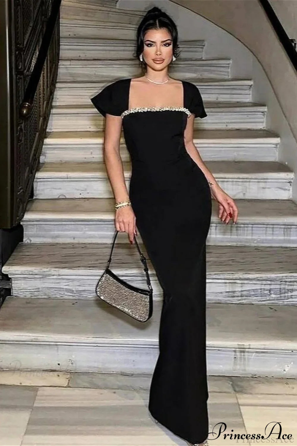 Bandage Rhinestone Square Neck Raglan Sleeve Party Dress