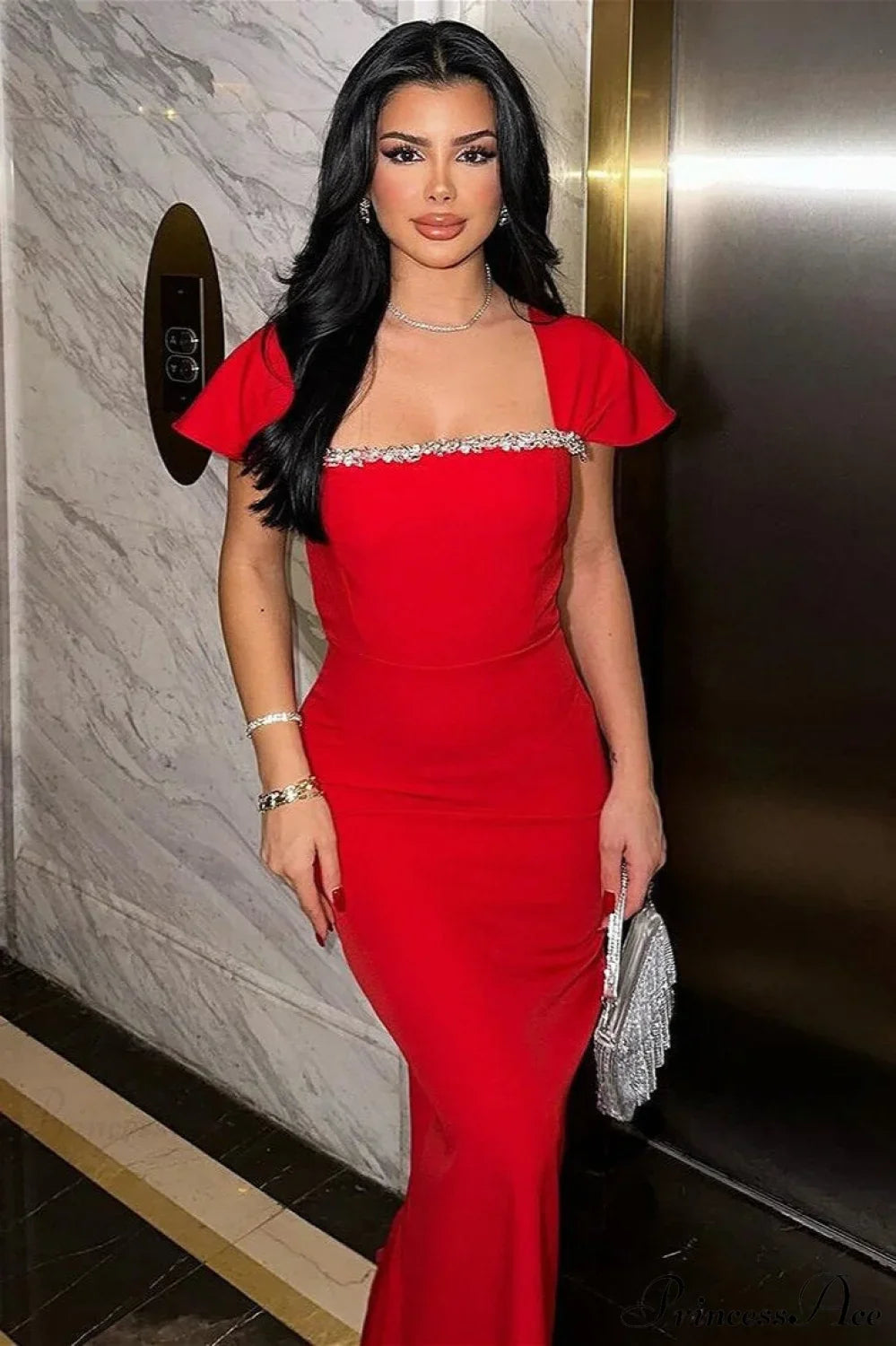 Bandage Rhinestone Square Neck Raglan Sleeve Party Dress