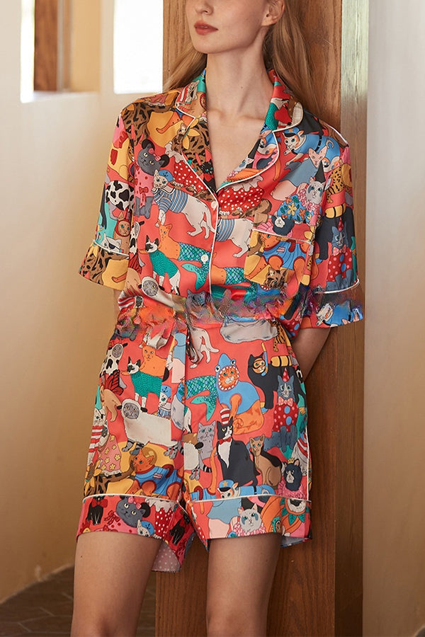 Banquet Cat Print Home Shorts Two-piece Set