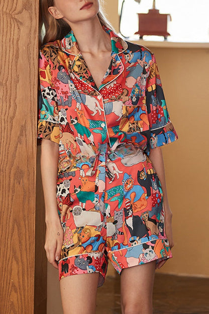 Banquet Cat Print Home Shorts Two-piece Set